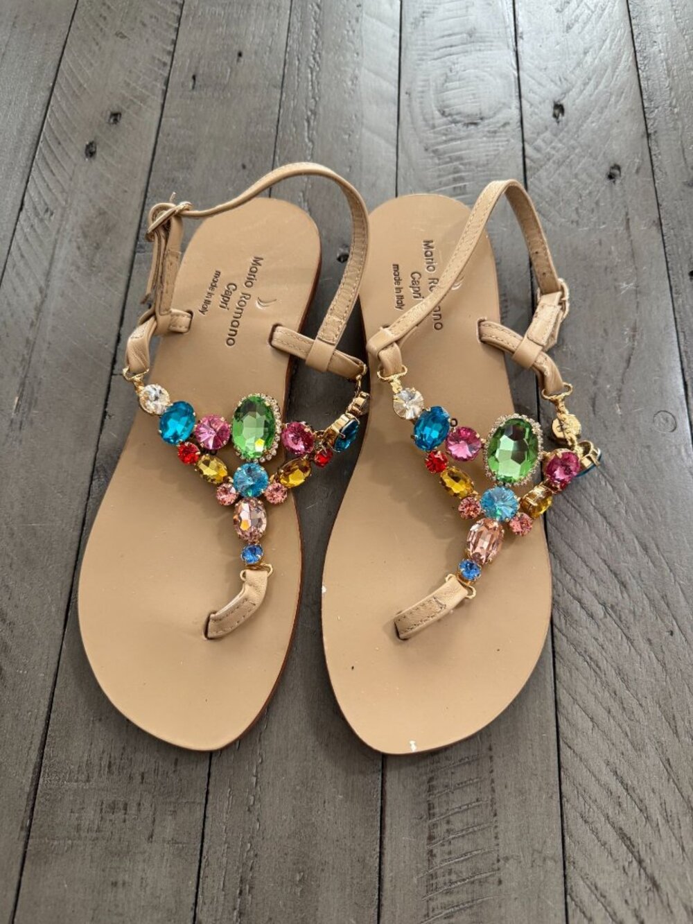 Mario Romano Capri Jeweled Embellished Flat T Strap Leather Sandals 36